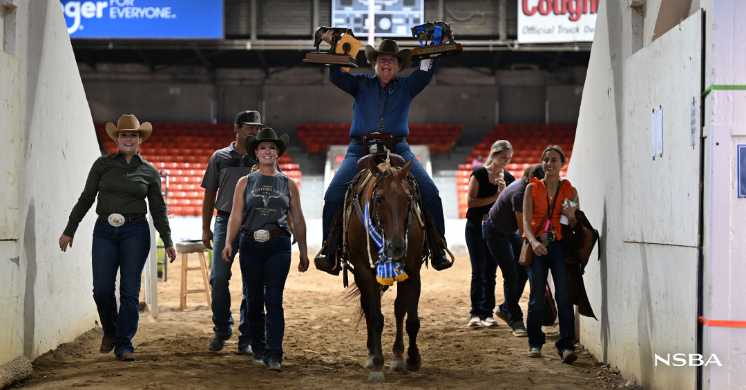 Suzanne Cooper celebrates winning the Amateur Select Ranch Trail with SDP Got Fancy Genes.